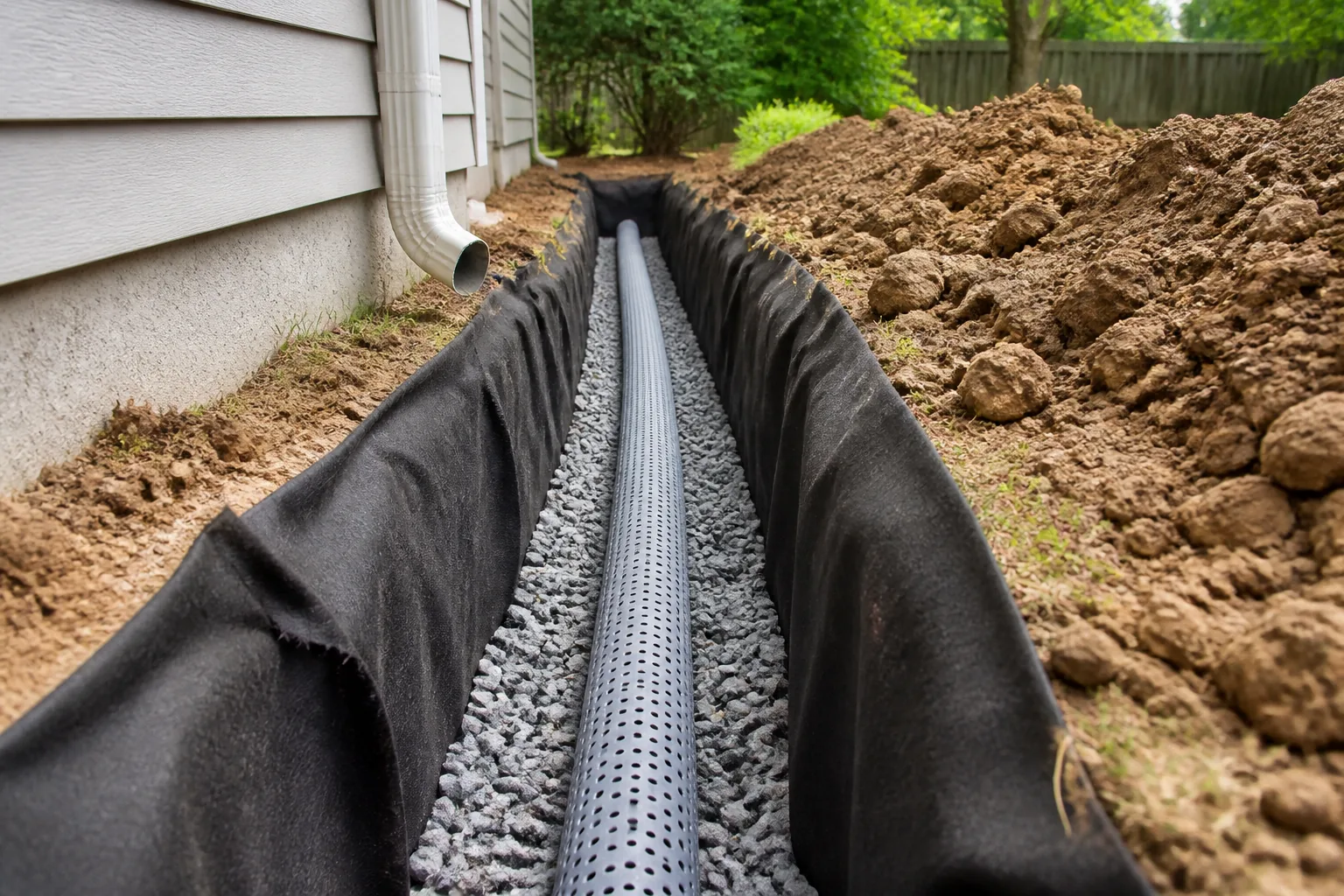 Exterior French drain trench prepared with pipe, gravel, and filter fabric