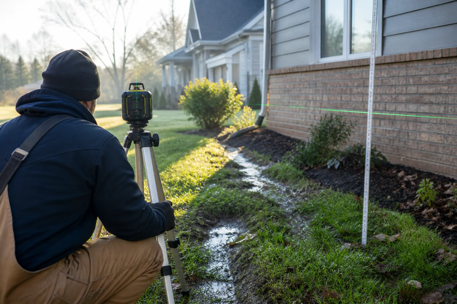 Drainage specialist measuring yard slope with a laser level