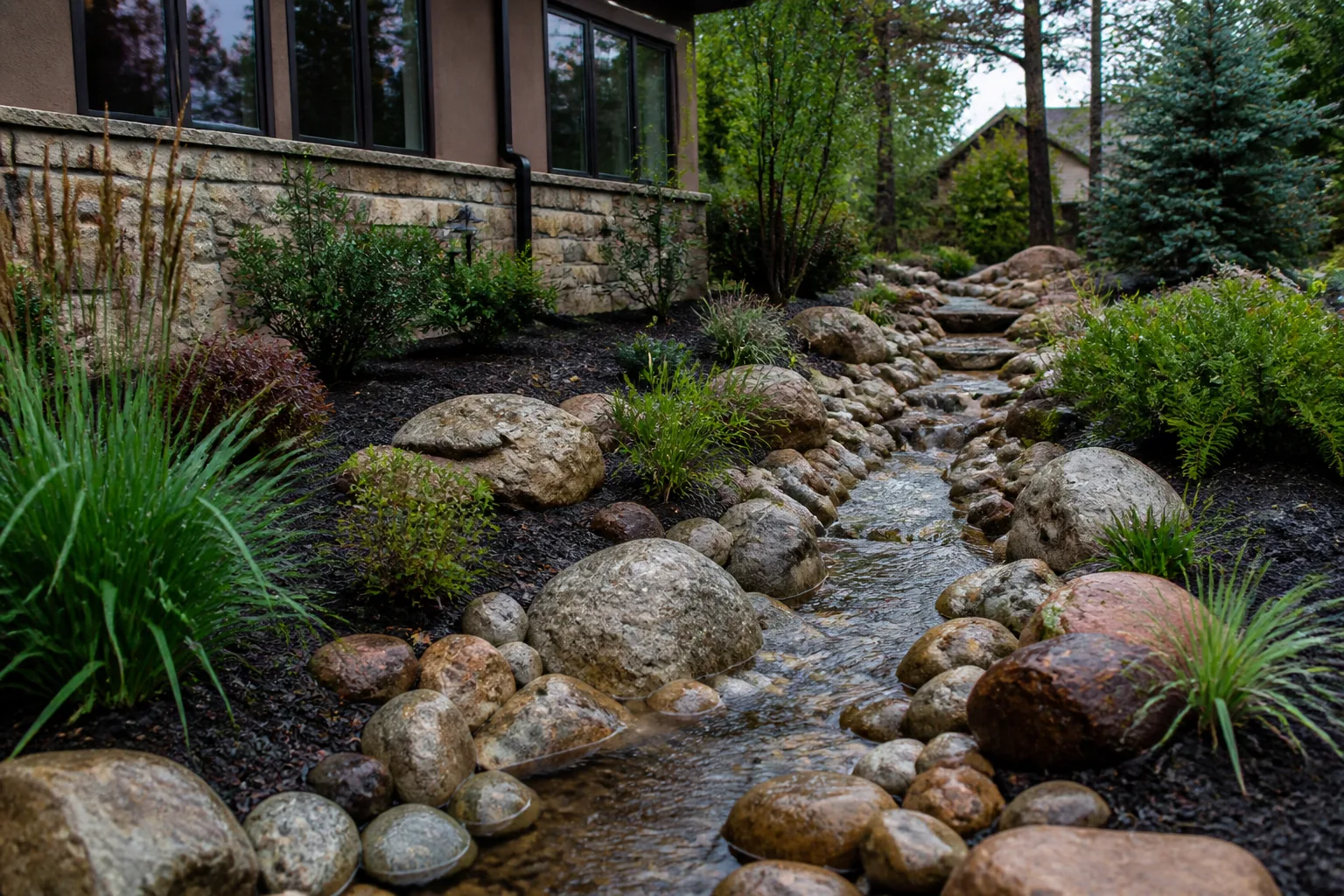 Landscaped dry creek drainage bed