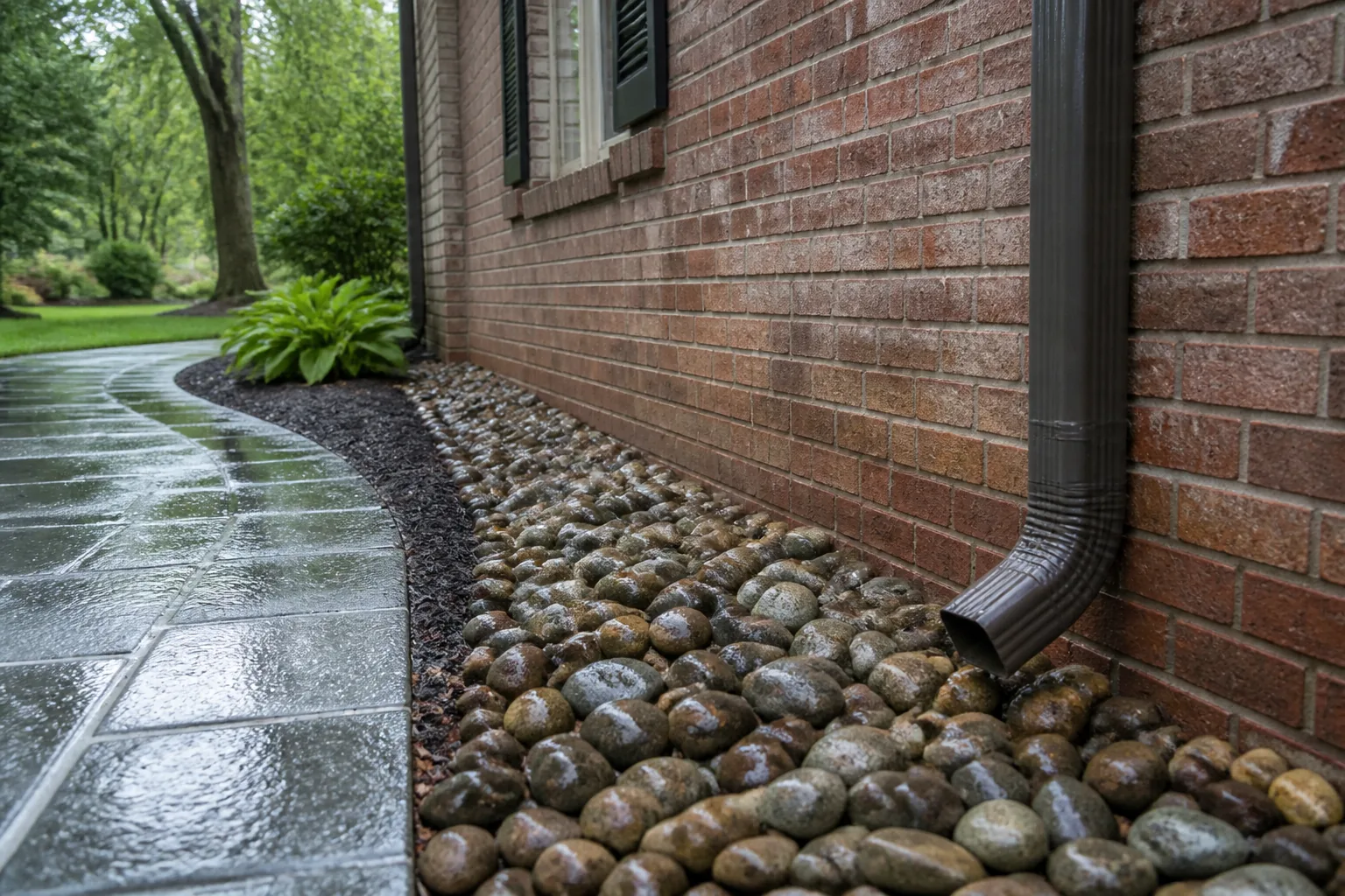 River-rock French drain beside a brick home