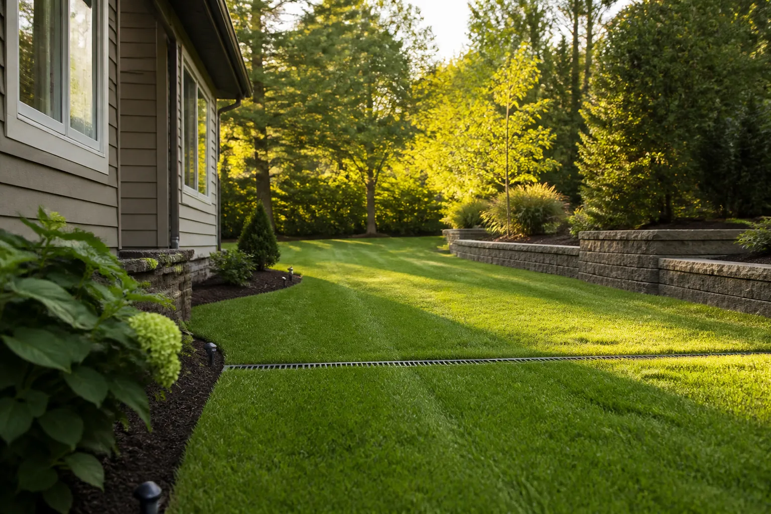 Restored lawn with a subtle linear drain