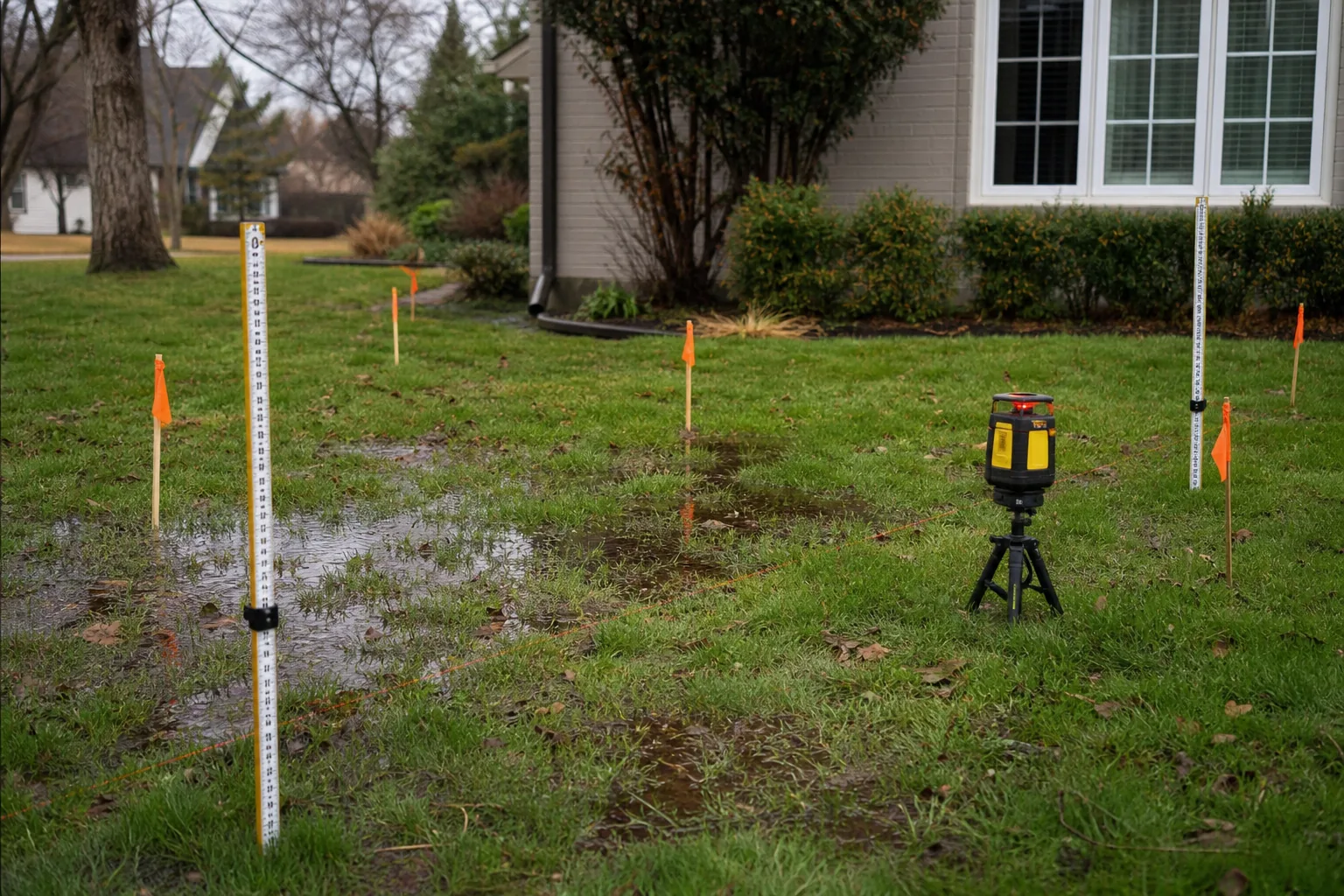 Laser level and measuring stakes used for a drainage assessment