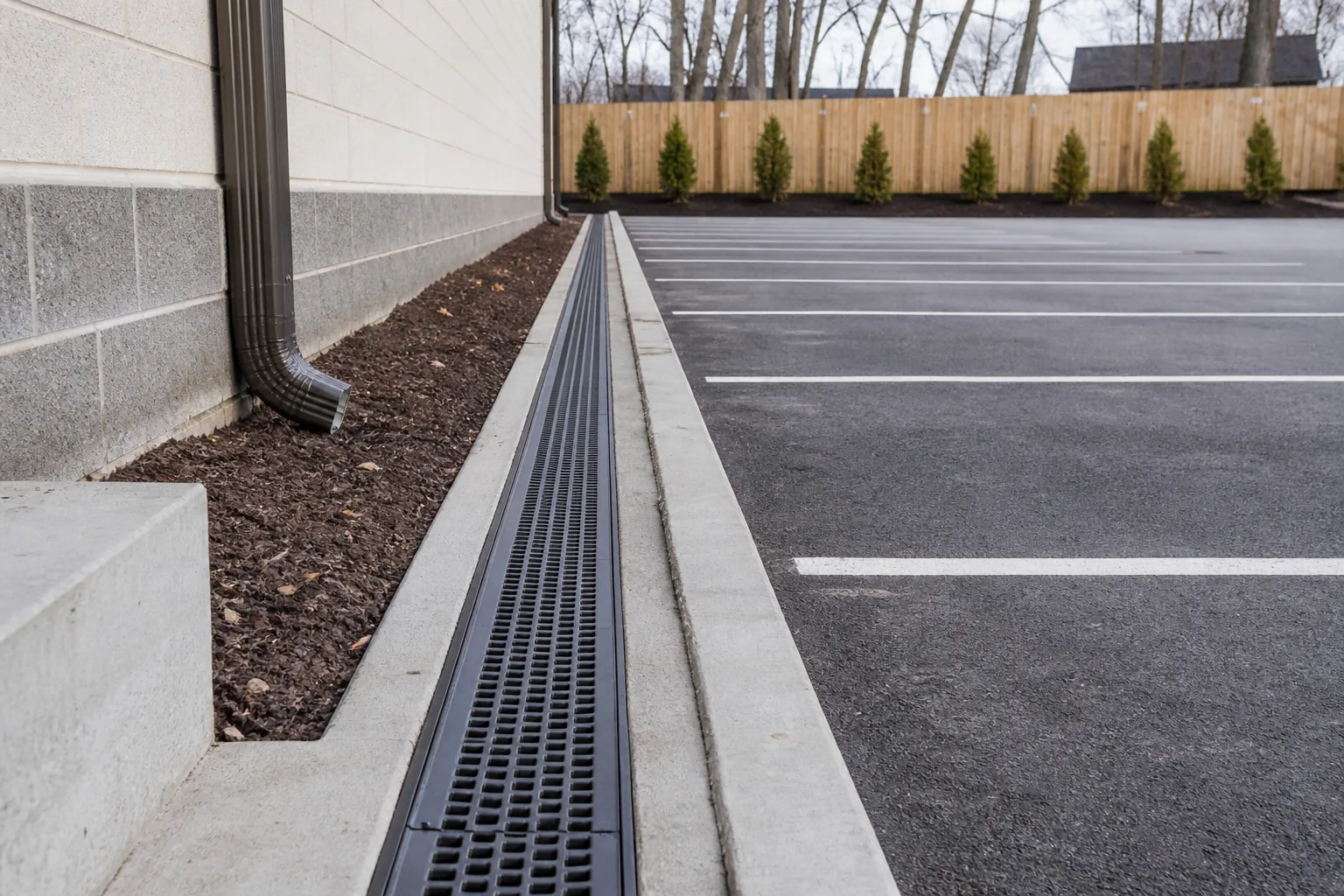 Commercial trench drainage beside a parking area