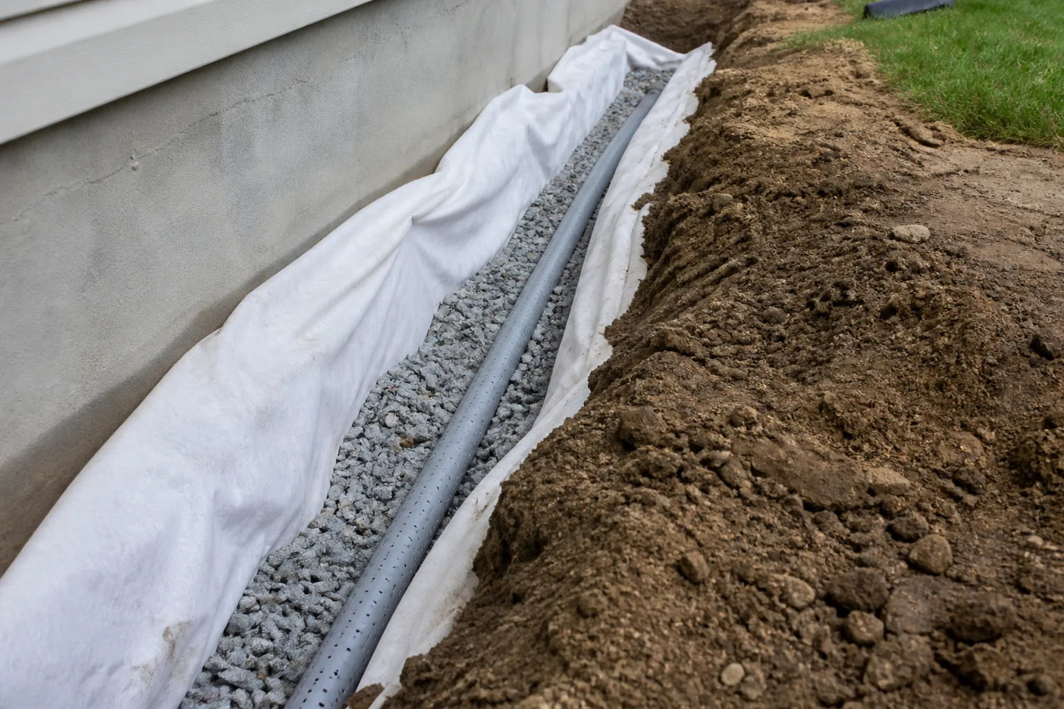 Exterior French drain installation beside a foundation