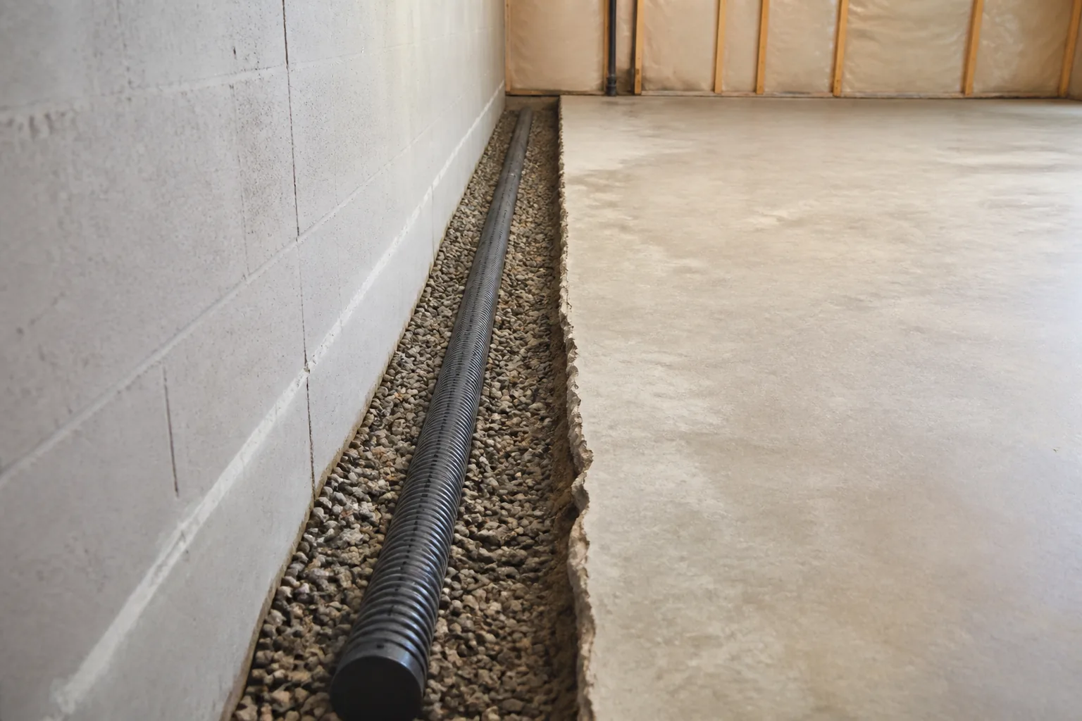 Interior French drain installed along a basement slab
