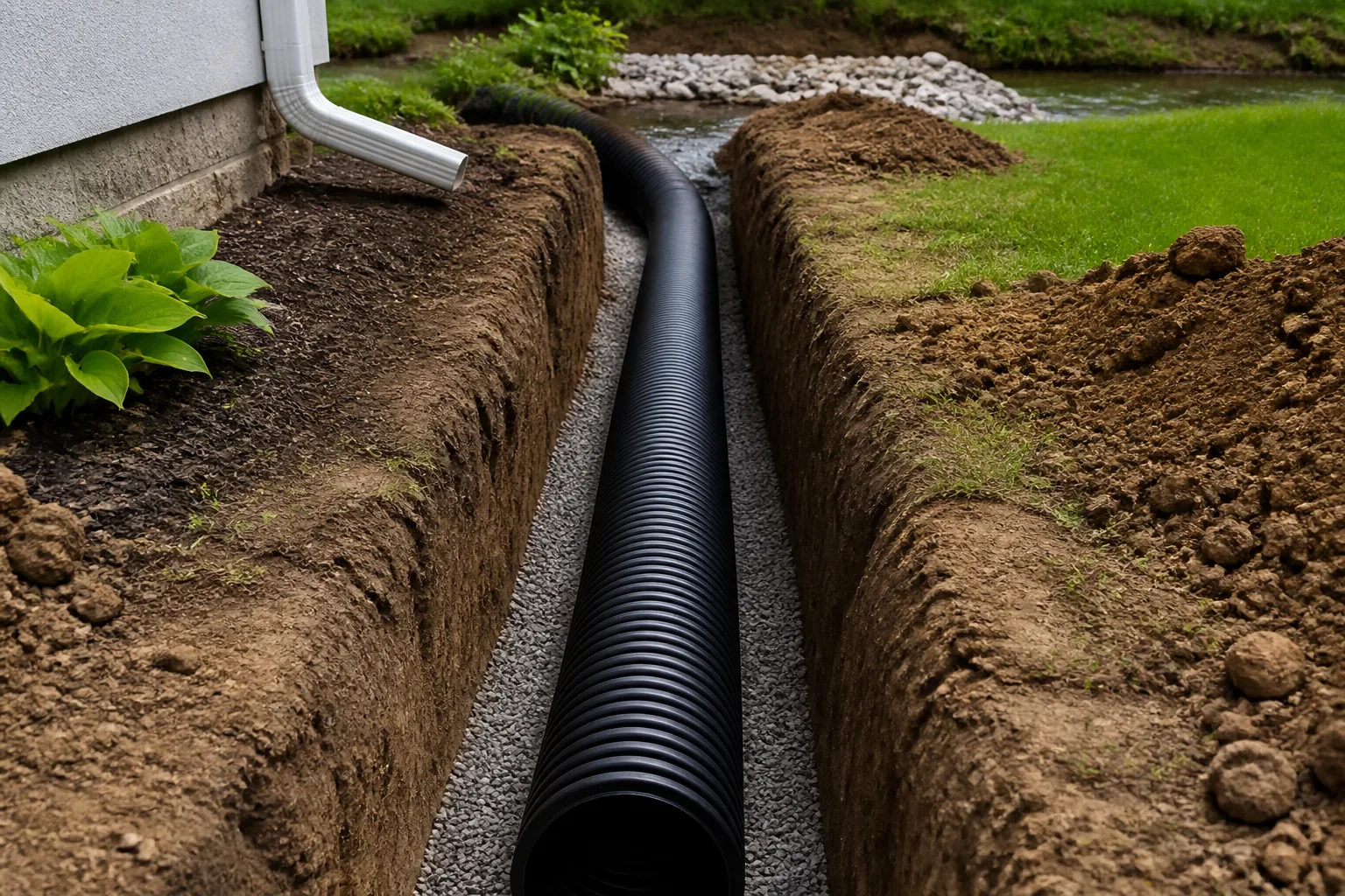Underground storm pipe being installed in a yard