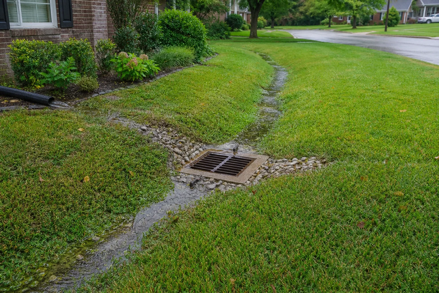 Catch basin and swale managing water in a residential lawn