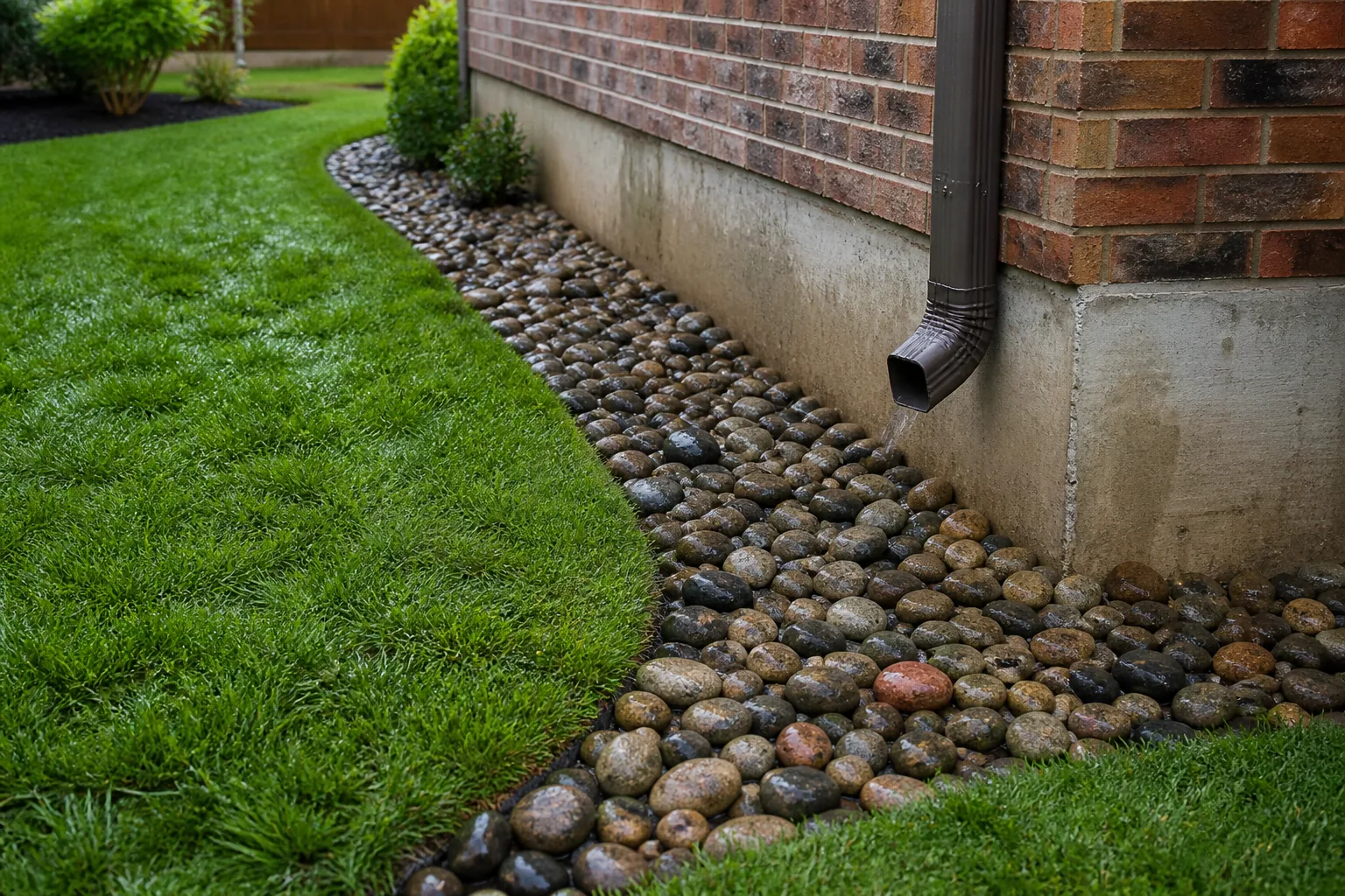Completed river-rock French drain protecting a residential foundation